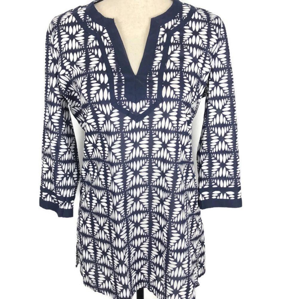 J. Crew Factory Printed Tunic Blouse Tipped V-Neck Boho Womens Sz Small NWT